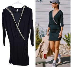 Daily Practice Anthropologie Ruched Sporty Hooded V-Neck Striped Knit Mini Dress